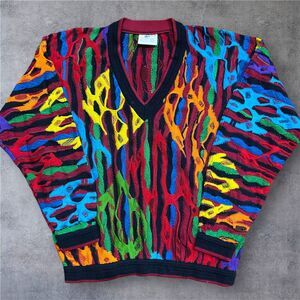 COOGI Australia Vintage 3D Knit V-Neck Multicolor Sweater Cotton Unisex Small